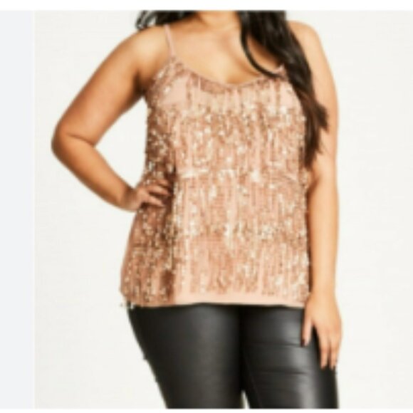 City Chic Tops - City Chic Sequined Fringe Chiffon Spaghetti Strap Top Mocha Size 16